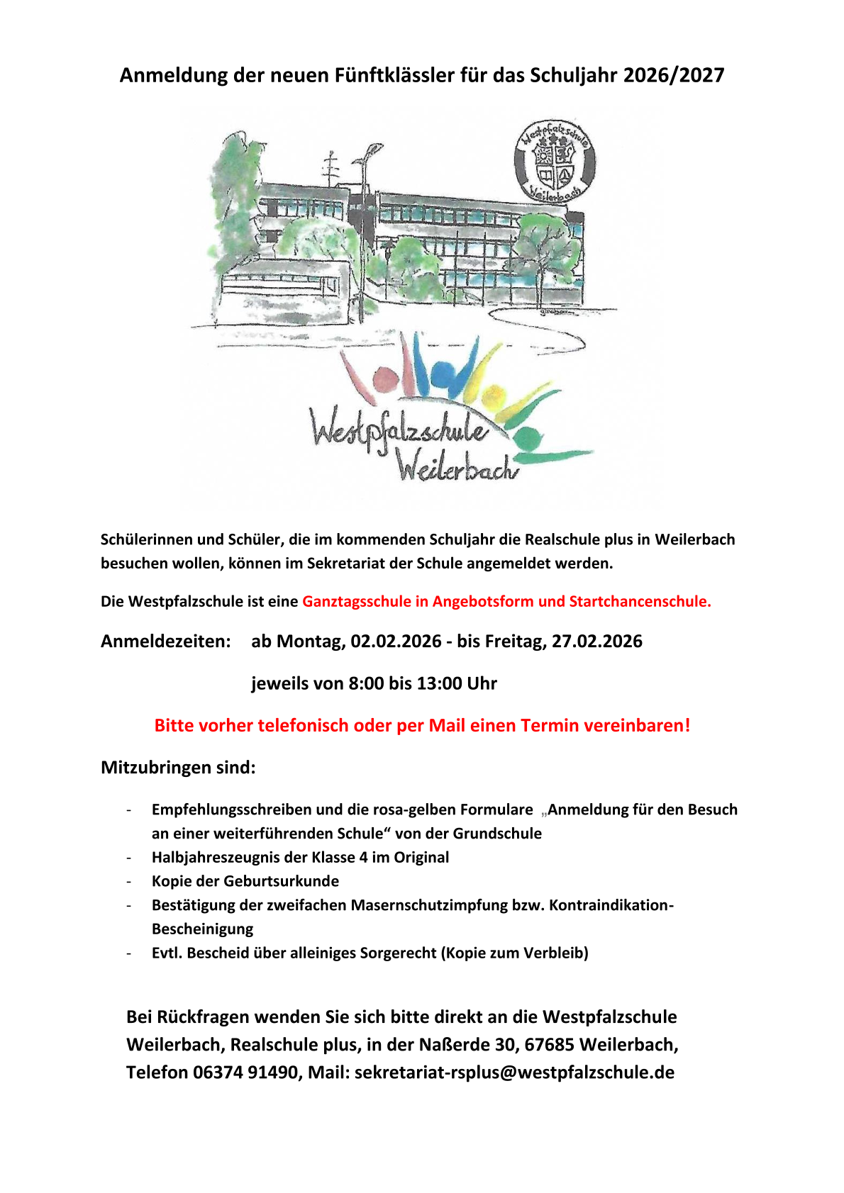Anmeldung der neuen Fünftklässler für das Schuljahr 2026 / 2027